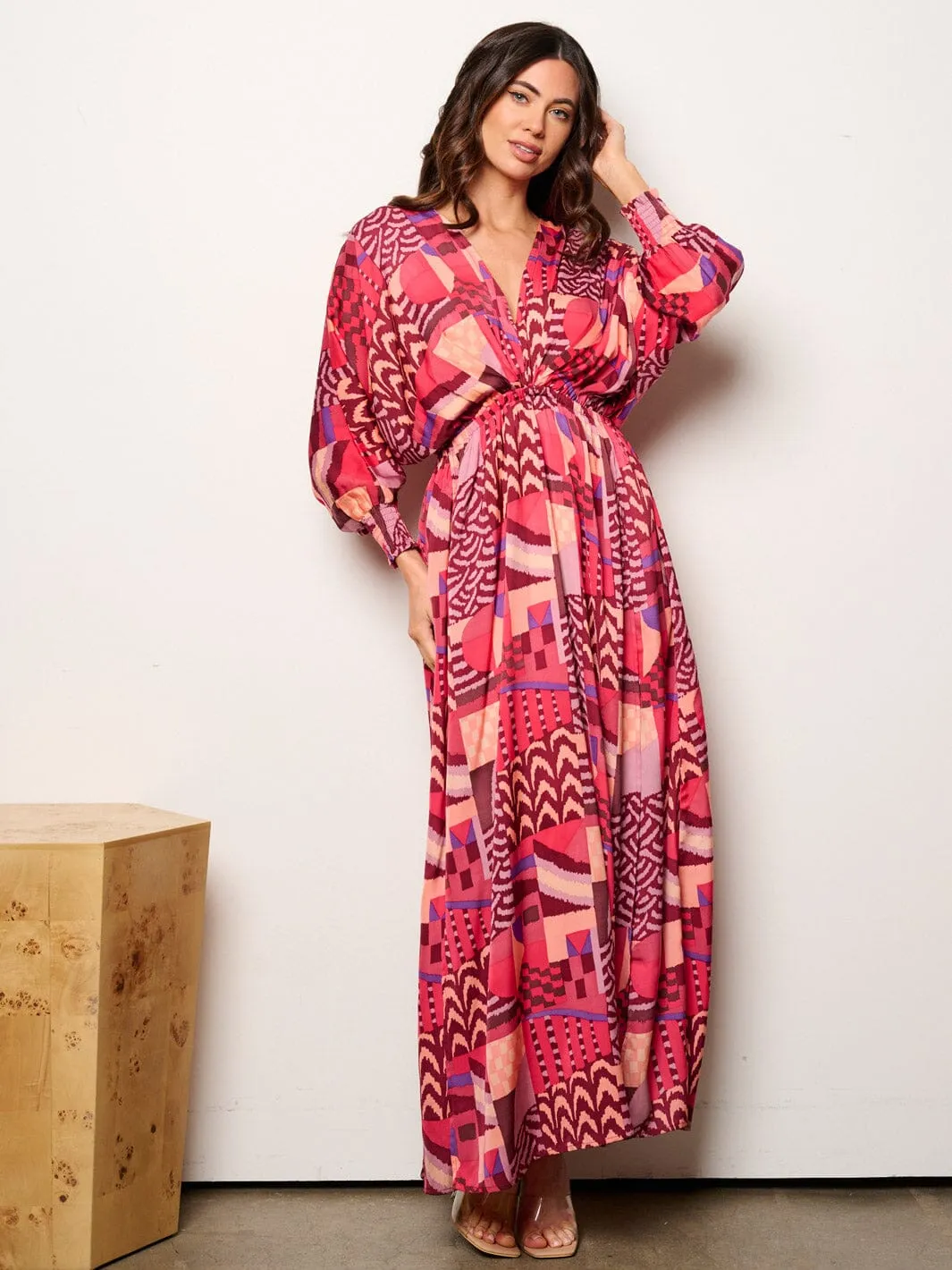 WOMEN'S LONG SLEEVE V-NECK ELASTIC WAIST MULTI PRINT MAXI DRESS