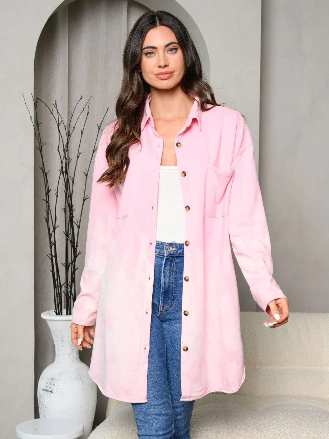 WOMEN'S LONG SLEEVE WASHED FRONT POCKETS BUTTON UP JACKET