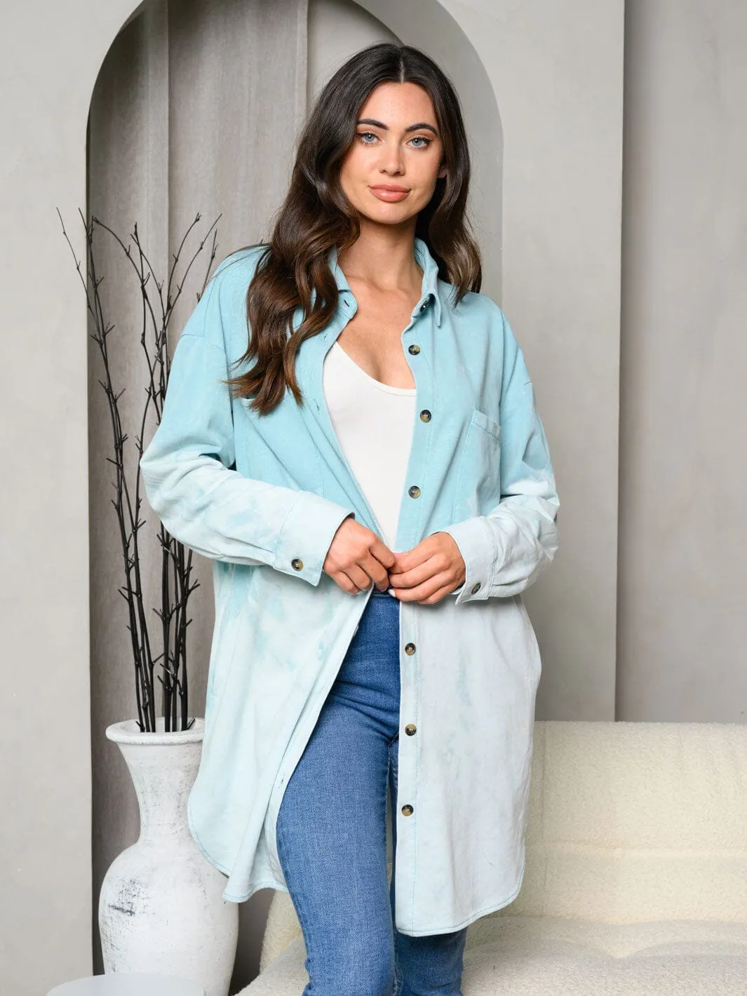 WOMEN'S LONG SLEEVE WASHED FRONT POCKETS BUTTON UP JACKET