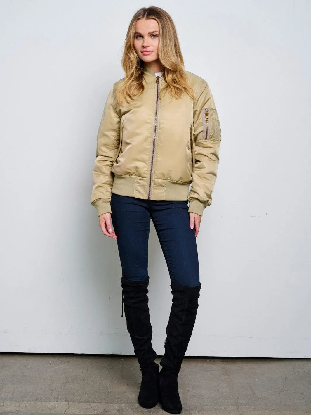 WOMEN'S LONG SLEEVE ZIP UP FRONT POCKETS BOMBER JACKET