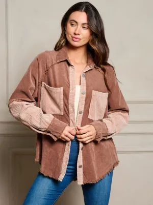 WOMEN'S LONG SLEEVES BUTTON UP FRONT POCKETS COLORBLOCK OVERSIZED TOP