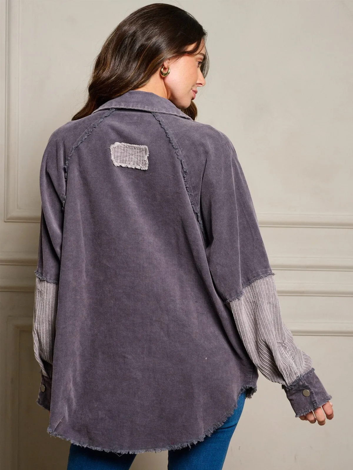 WOMEN'S LONG SLEEVES BUTTON UP FRONT POCKETS COLORBLOCK OVERSIZED TOP