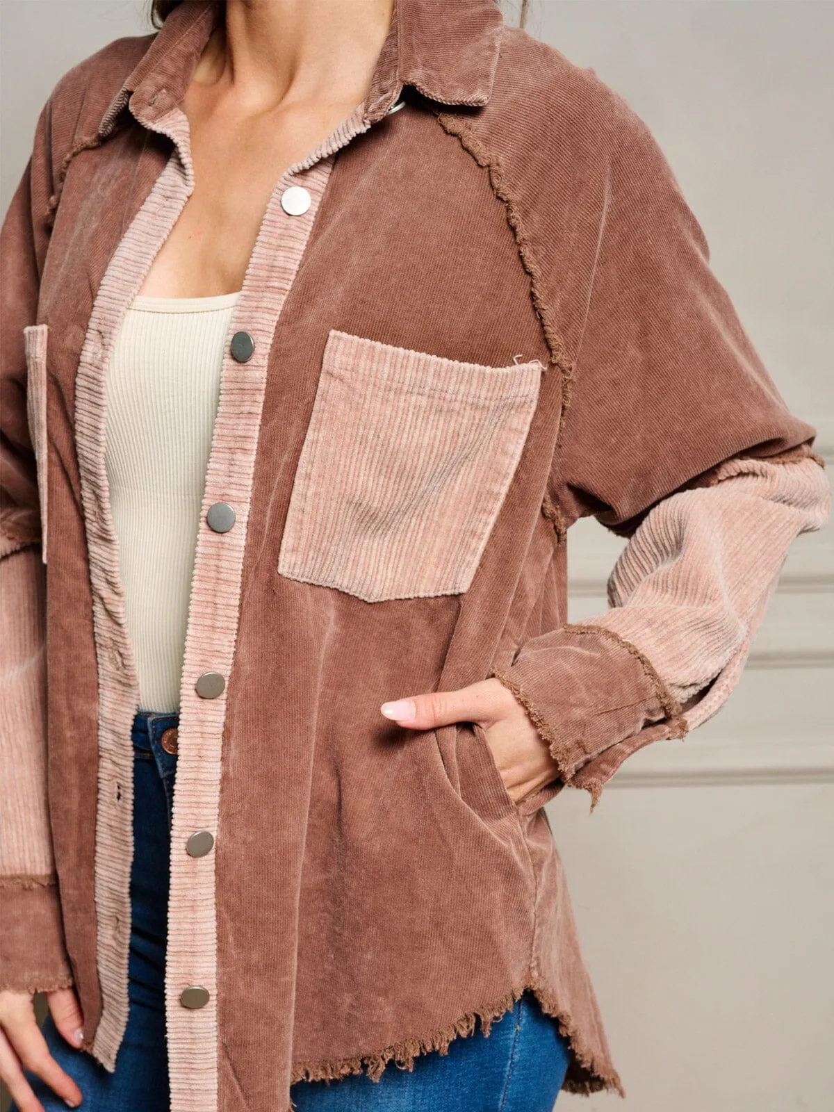 WOMEN'S LONG SLEEVES BUTTON UP FRONT POCKETS COLORBLOCK OVERSIZED TOP