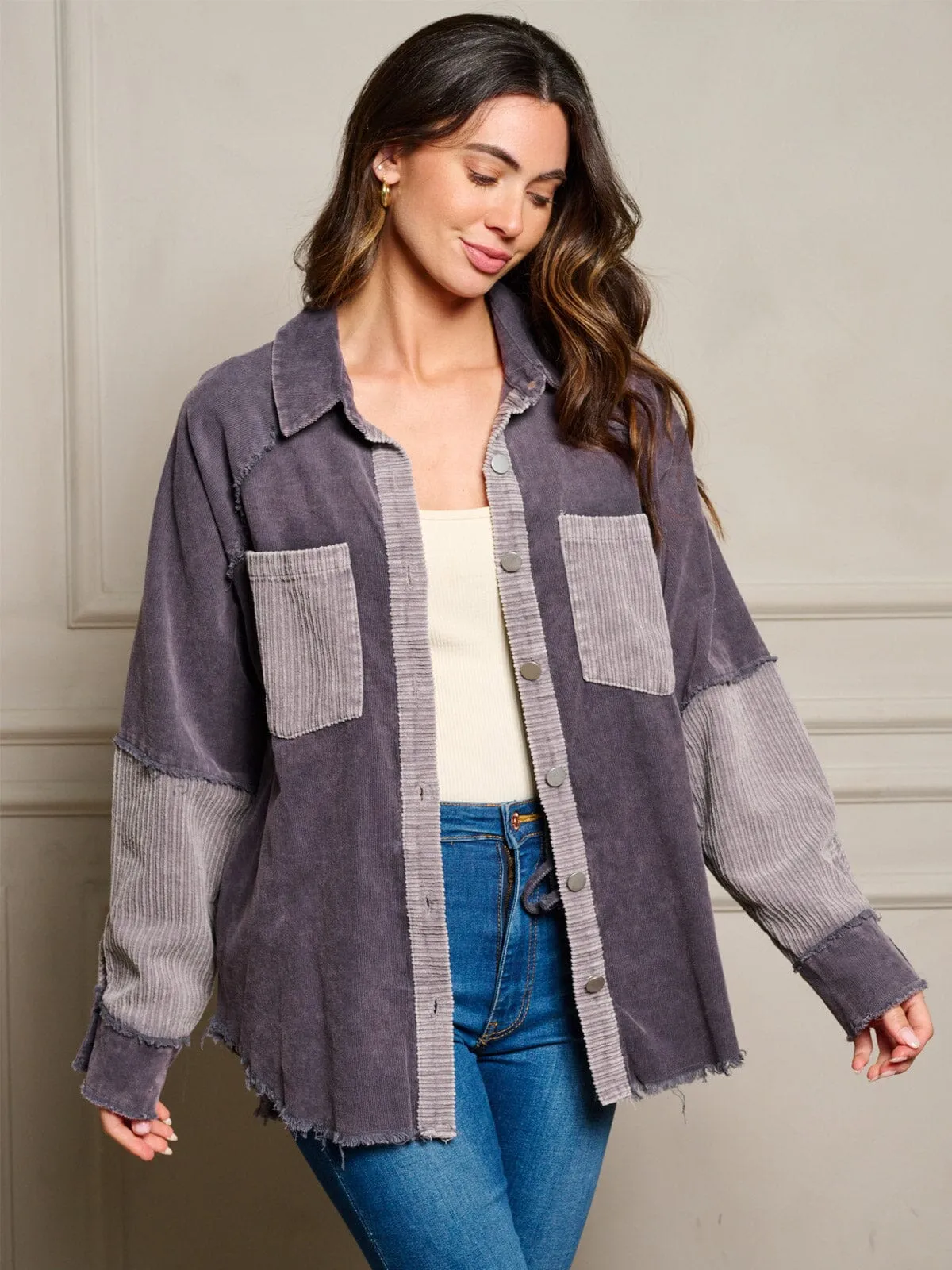 WOMEN'S LONG SLEEVES BUTTON UP FRONT POCKETS COLORBLOCK OVERSIZED TOP