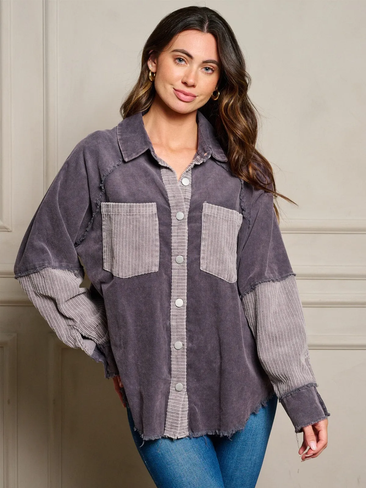 WOMEN'S LONG SLEEVES BUTTON UP FRONT POCKETS COLORBLOCK OVERSIZED TOP