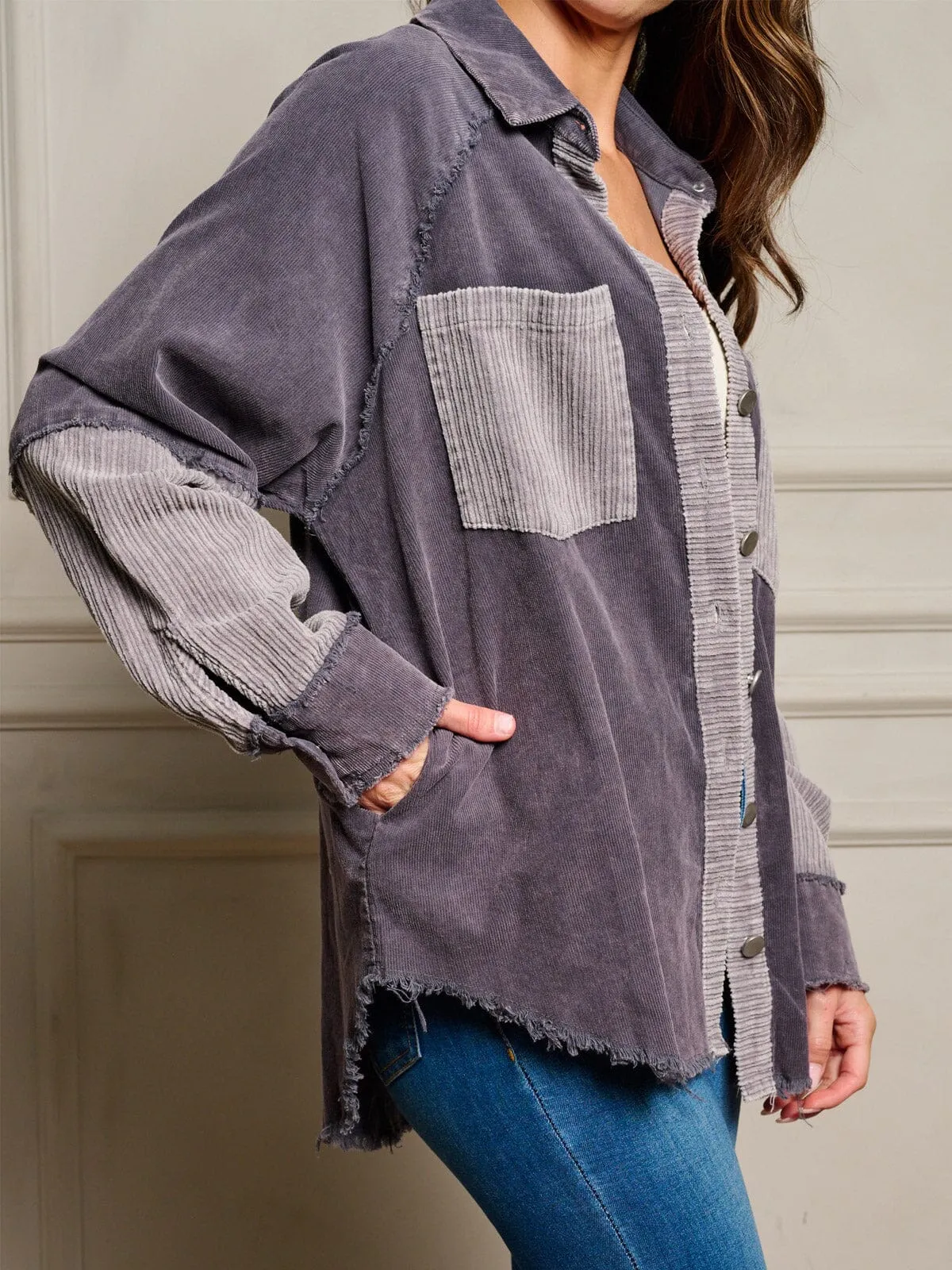 WOMEN'S LONG SLEEVES BUTTON UP FRONT POCKETS COLORBLOCK OVERSIZED TOP