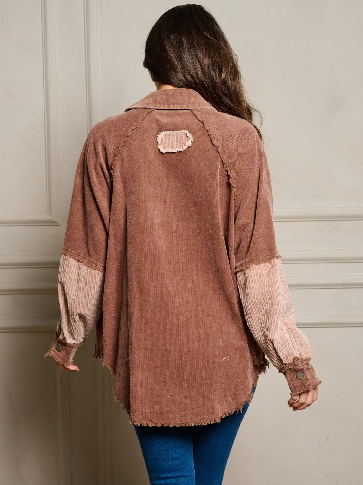 WOMEN'S LONG SLEEVES BUTTON UP FRONT POCKETS COLORBLOCK OVERSIZED TOP