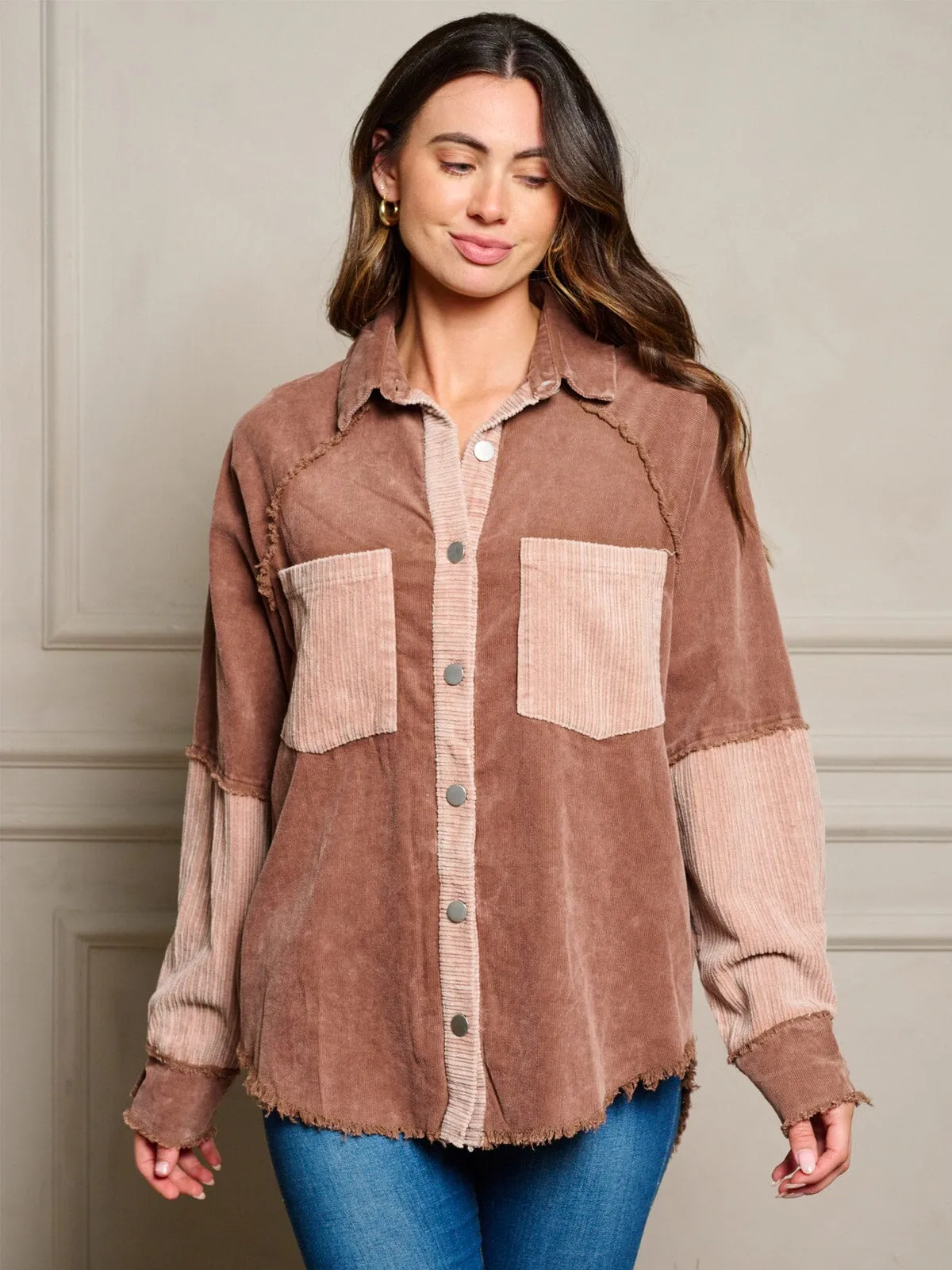 WOMEN'S LONG SLEEVES BUTTON UP FRONT POCKETS COLORBLOCK OVERSIZED TOP