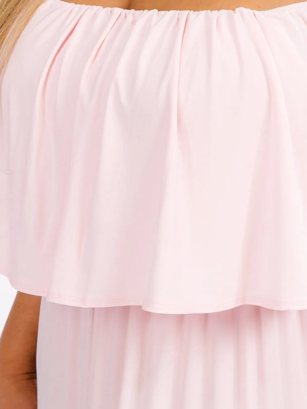 WOMEN'S OFF SHOULDER ELASTIC WAIST RUFFLE TIERED COLORBLOCK MAXI DRESS