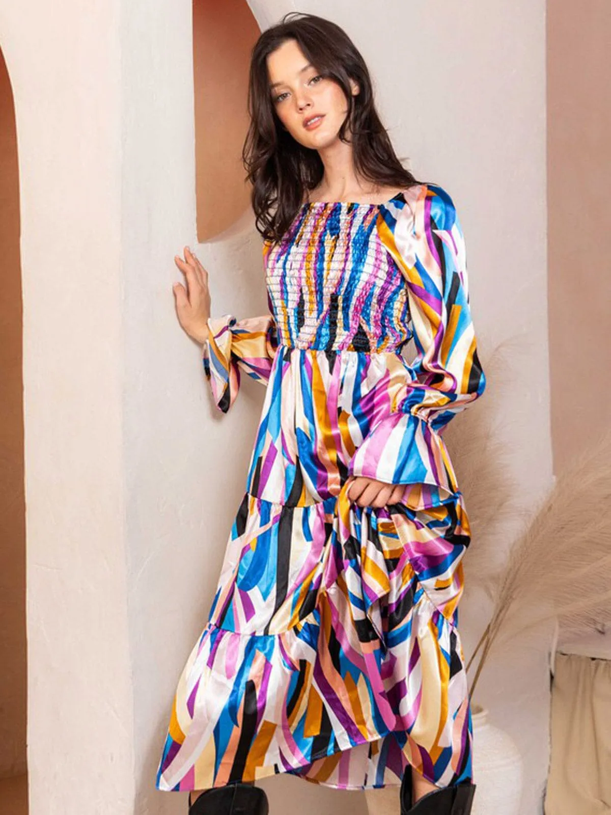 WOMEN'S OFF SHOULDER LONG SLEEVE SMOCK FRONT POCKETS TIERED MIDI DRESS