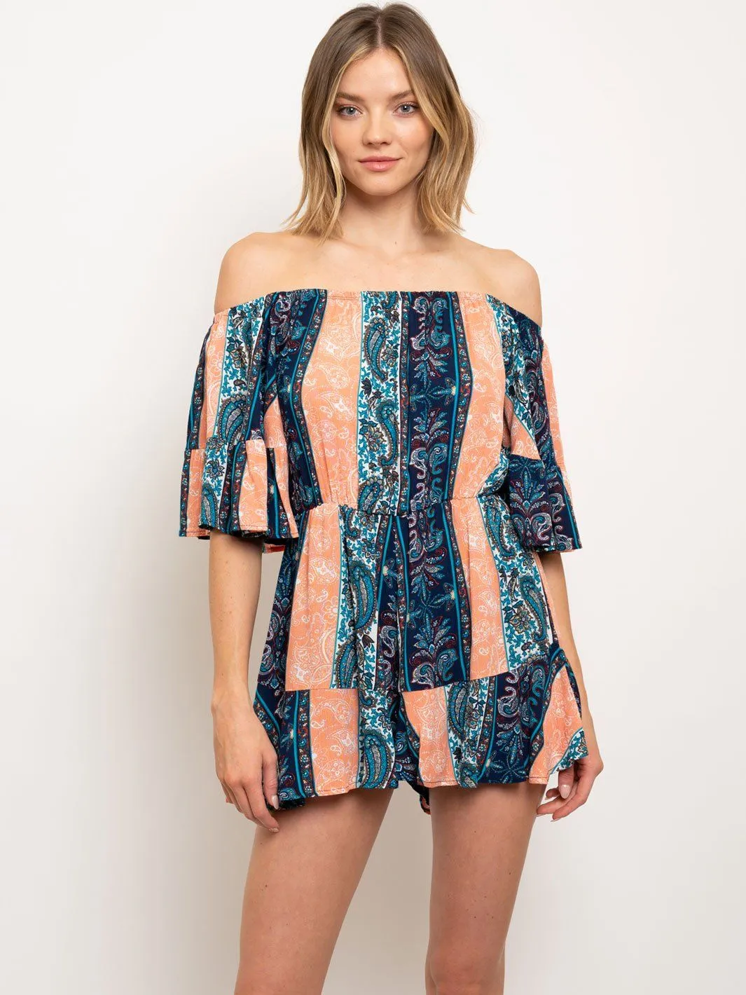 WOMEN'S OFF SHOULDER MULTI PRINT ROMPER