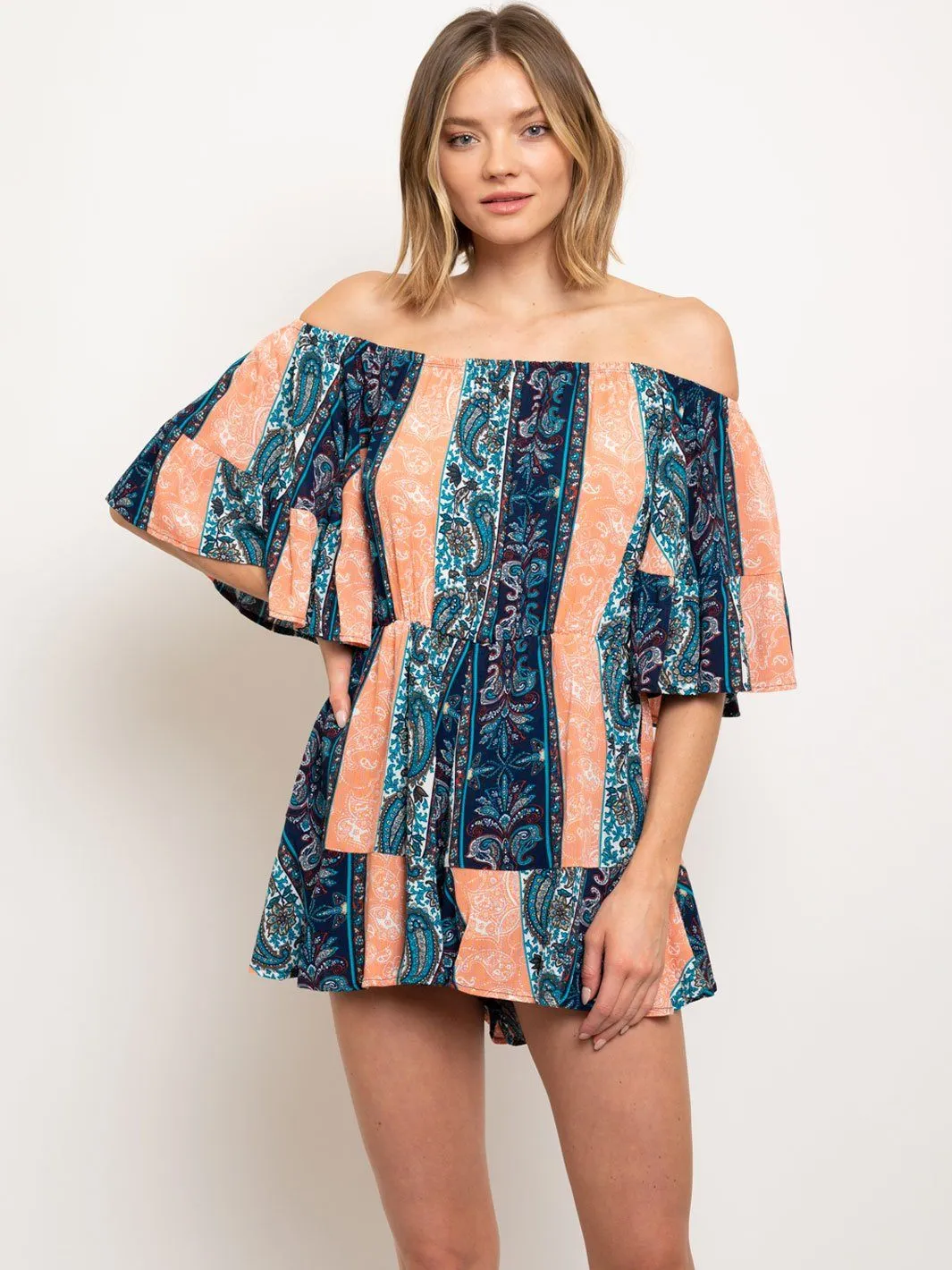 WOMEN'S OFF SHOULDER MULTI PRINT ROMPER