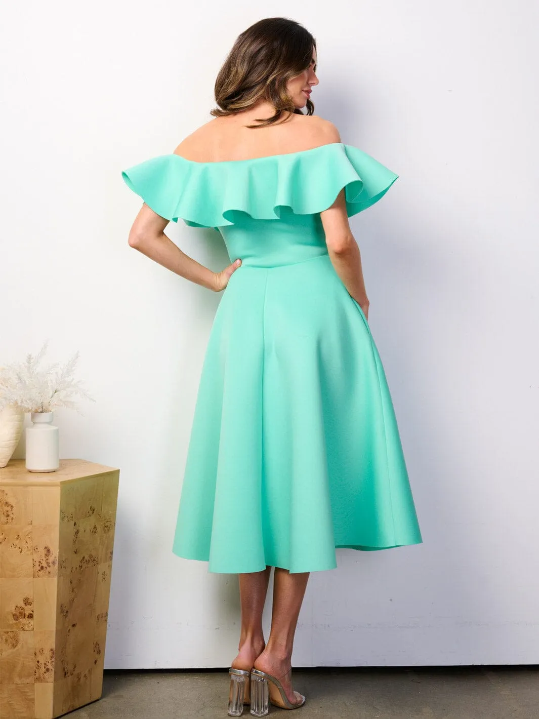 WOMEN'S OFF SHOULDER POCKETS FIT & FLARE BANDAGE RUFFLE MIDI DRESS