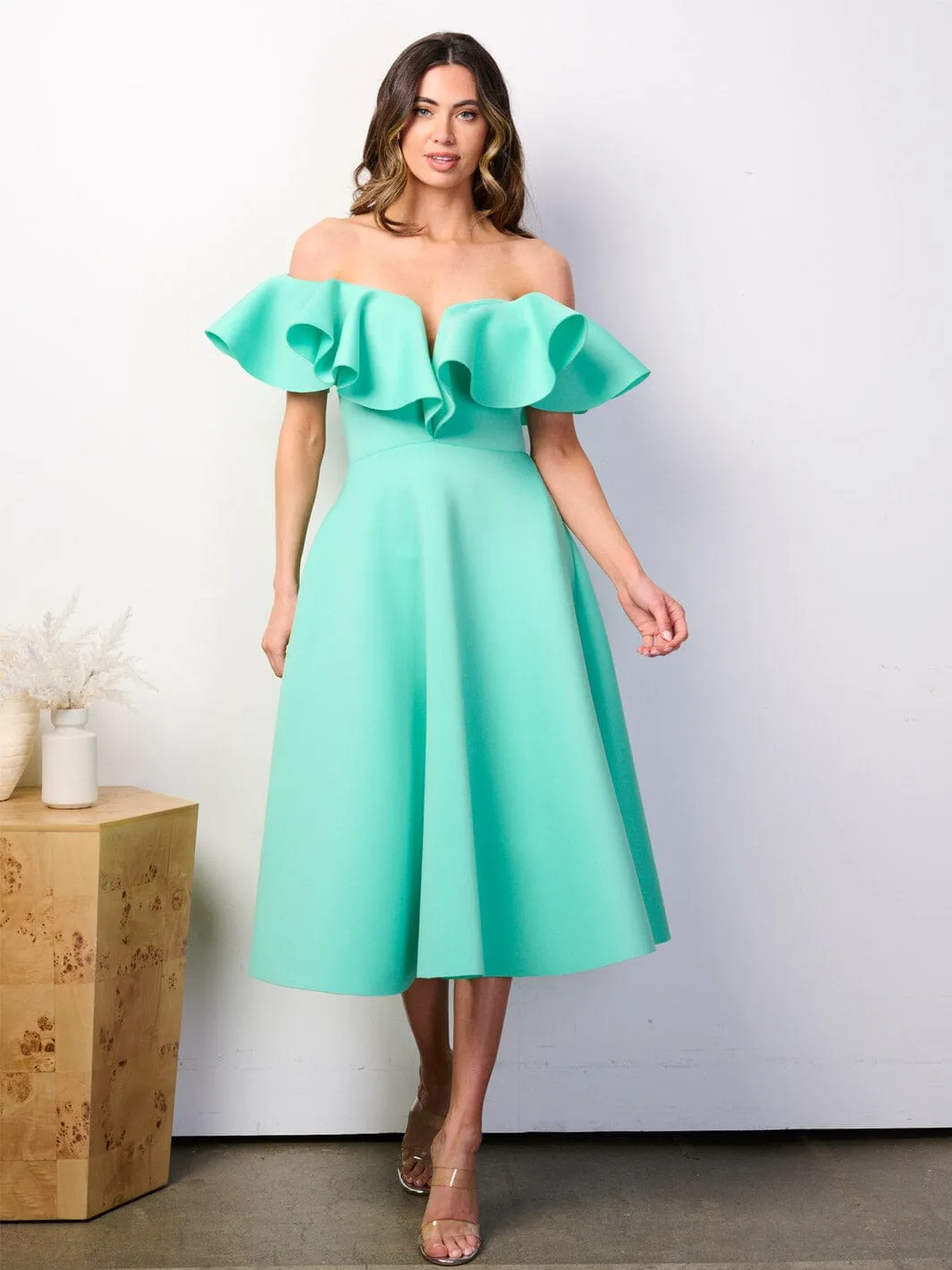 WOMEN'S OFF SHOULDER POCKETS FIT & FLARE BANDAGE RUFFLE MIDI DRESS