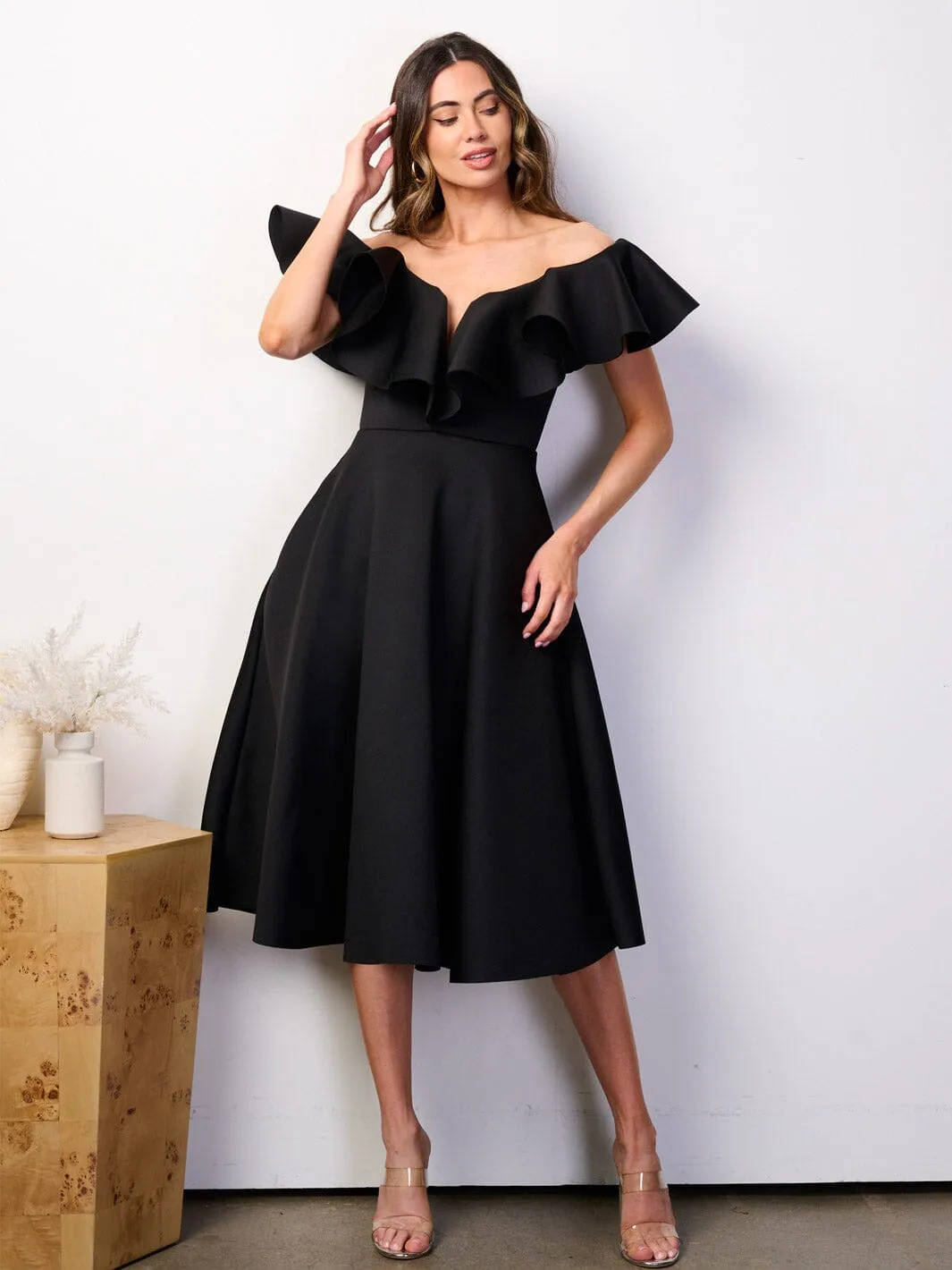 WOMEN'S OFF SHOULDER POCKETS FIT & FLARE BANDAGE RUFFLE MIDI DRESS