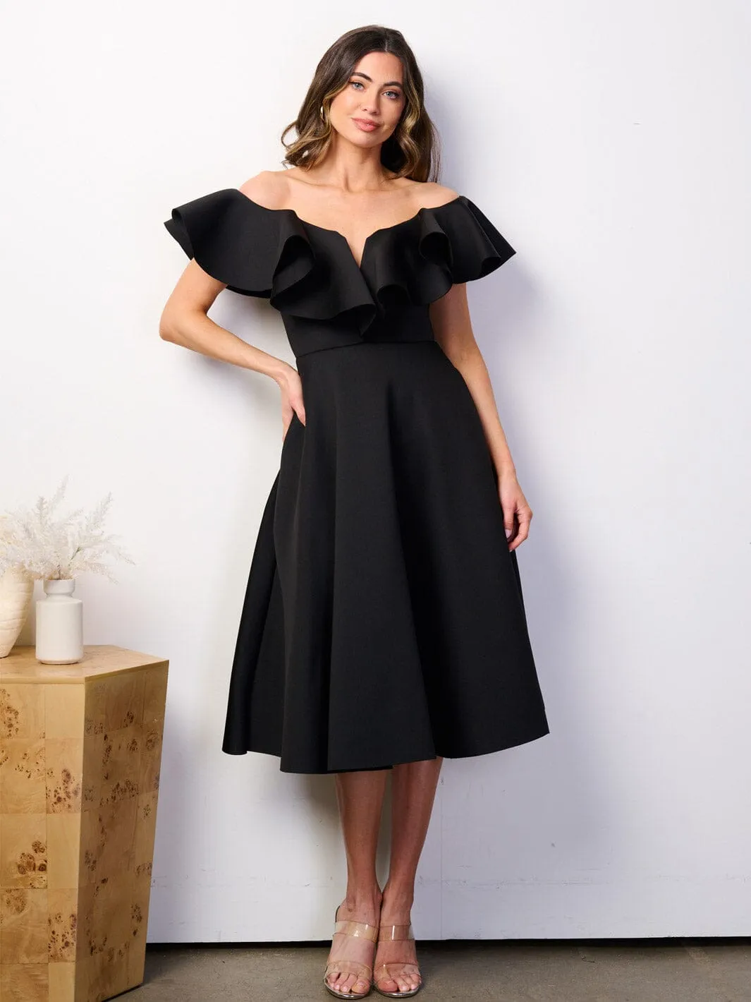 WOMEN'S OFF SHOULDER POCKETS FIT & FLARE BANDAGE RUFFLE MIDI DRESS