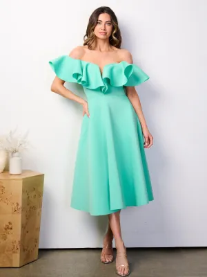 WOMEN'S OFF SHOULDER POCKETS FIT & FLARE BANDAGE RUFFLE MIDI DRESS