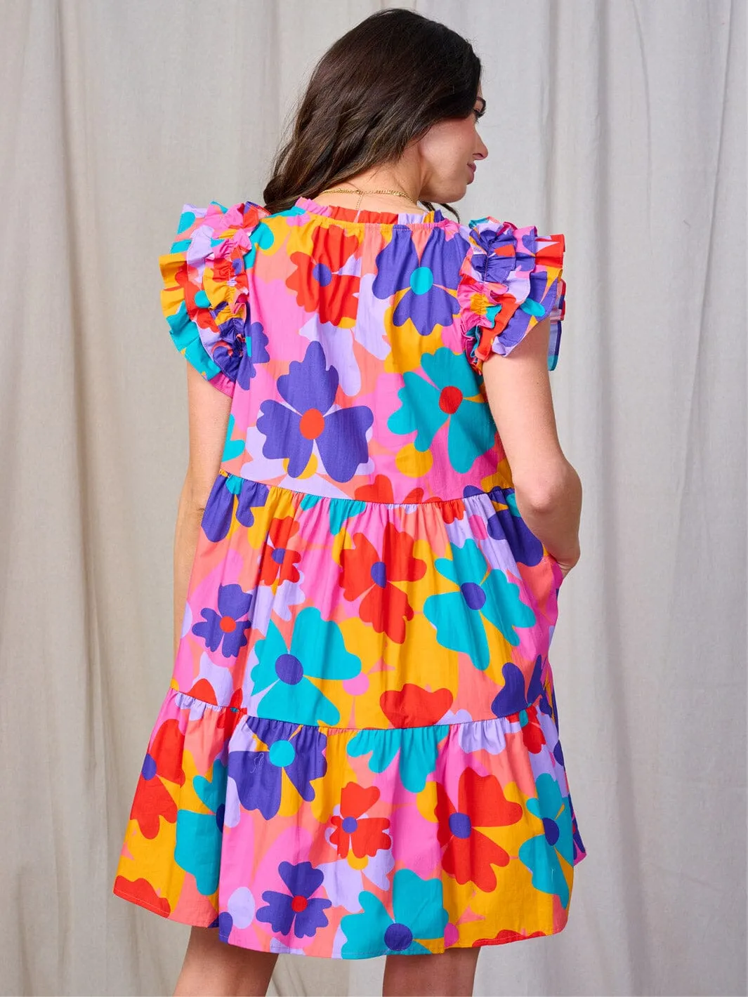 WOMEN'S RUFFLE SLEEVE FRONT POCKETS FLOWER PRINT TUNIC MINI DRESS