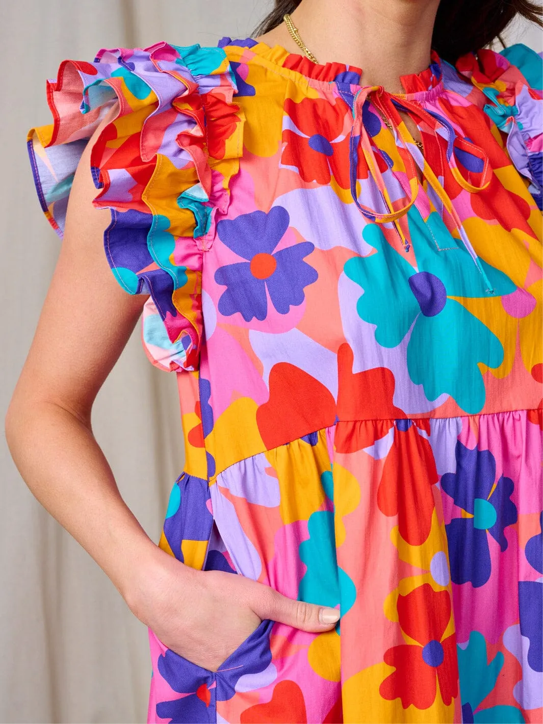 WOMEN'S RUFFLE SLEEVE FRONT POCKETS FLOWER PRINT TUNIC MINI DRESS