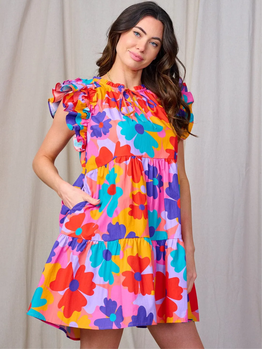 WOMEN'S RUFFLE SLEEVE FRONT POCKETS FLOWER PRINT TUNIC MINI DRESS