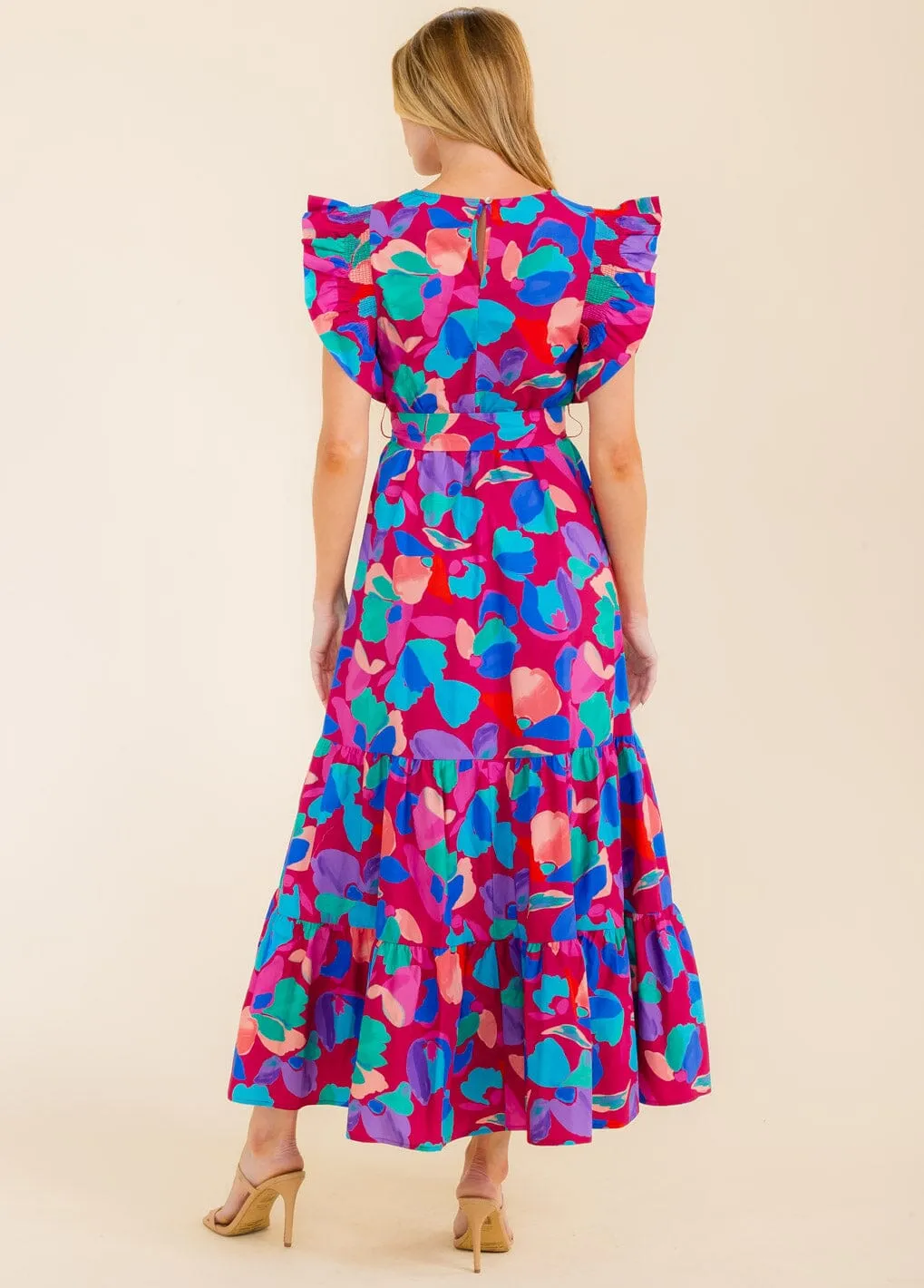 WOMEN'S RUFFLE SLEEVE SELF TIE FRONT POCKETS MULTI PRINT MAXI DRESS