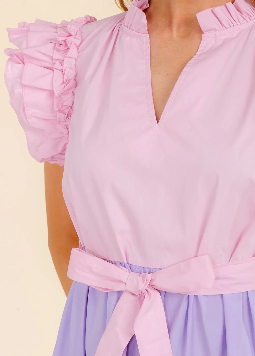 WOMEN'S RUFFLE SLEEVE V-NECK TIERED COLORBLOCK MAXI DRESS