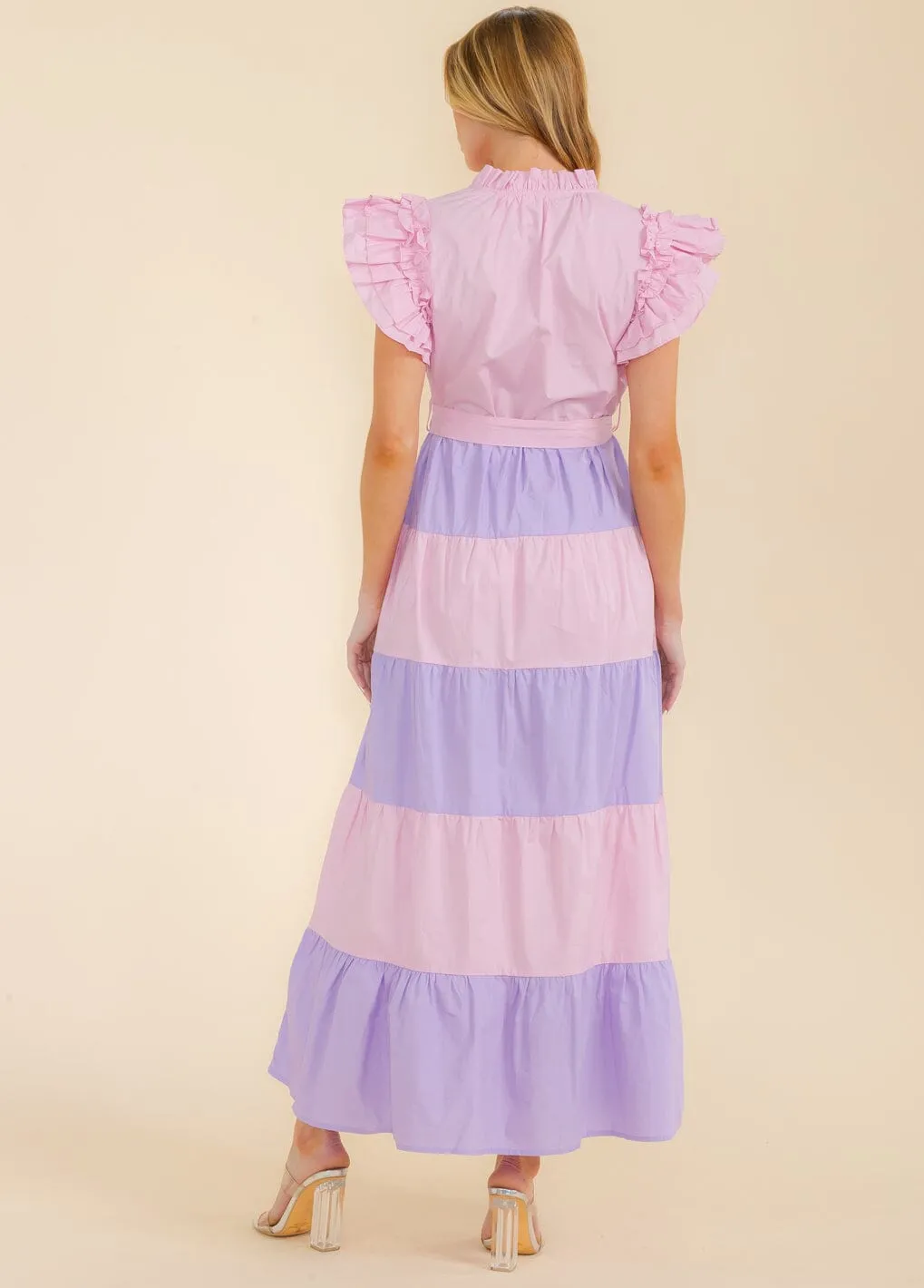 WOMEN'S RUFFLE SLEEVE V-NECK TIERED COLORBLOCK MAXI DRESS