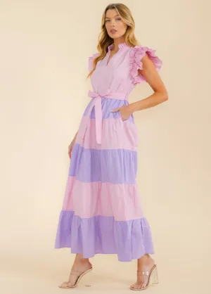 WOMEN'S RUFFLE SLEEVE V-NECK TIERED COLORBLOCK MAXI DRESS