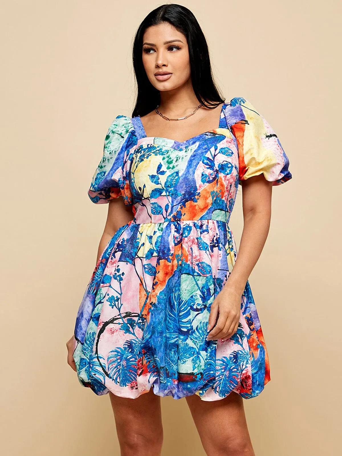 WOMEN'S SHORT PUFF SLEEVE SMOCK MULTI PRINT MINI DRESS