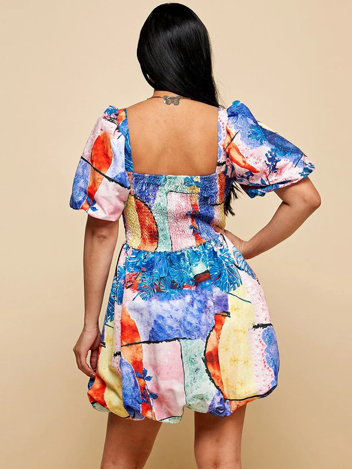 WOMEN'S SHORT PUFF SLEEVE SMOCK MULTI PRINT MINI DRESS