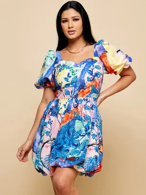 WOMEN'S SHORT PUFF SLEEVE SMOCK MULTI PRINT MINI DRESS