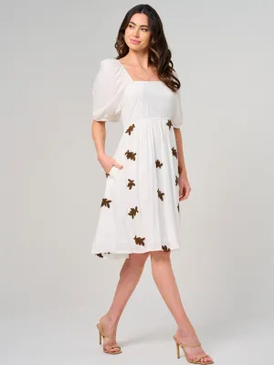 WOMEN'S SHORT PUFF SLEEVE SQUARE NECK FRONT POCKETS MIDI DRESS