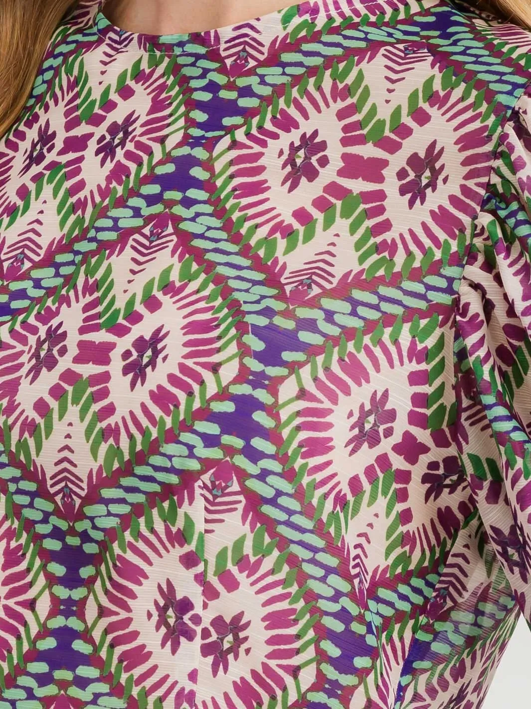 WOMEN'S SHORT PUFF SLEEVE ZIP UP MULTI PRINT BLOUSE
