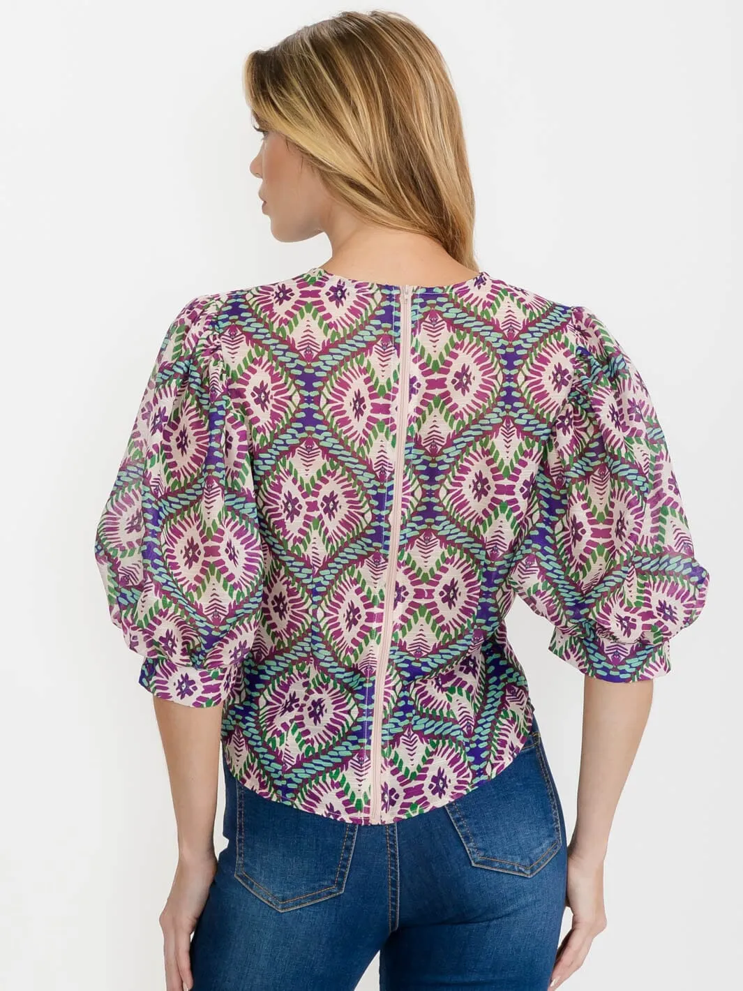 WOMEN'S SHORT PUFF SLEEVE ZIP UP MULTI PRINT BLOUSE