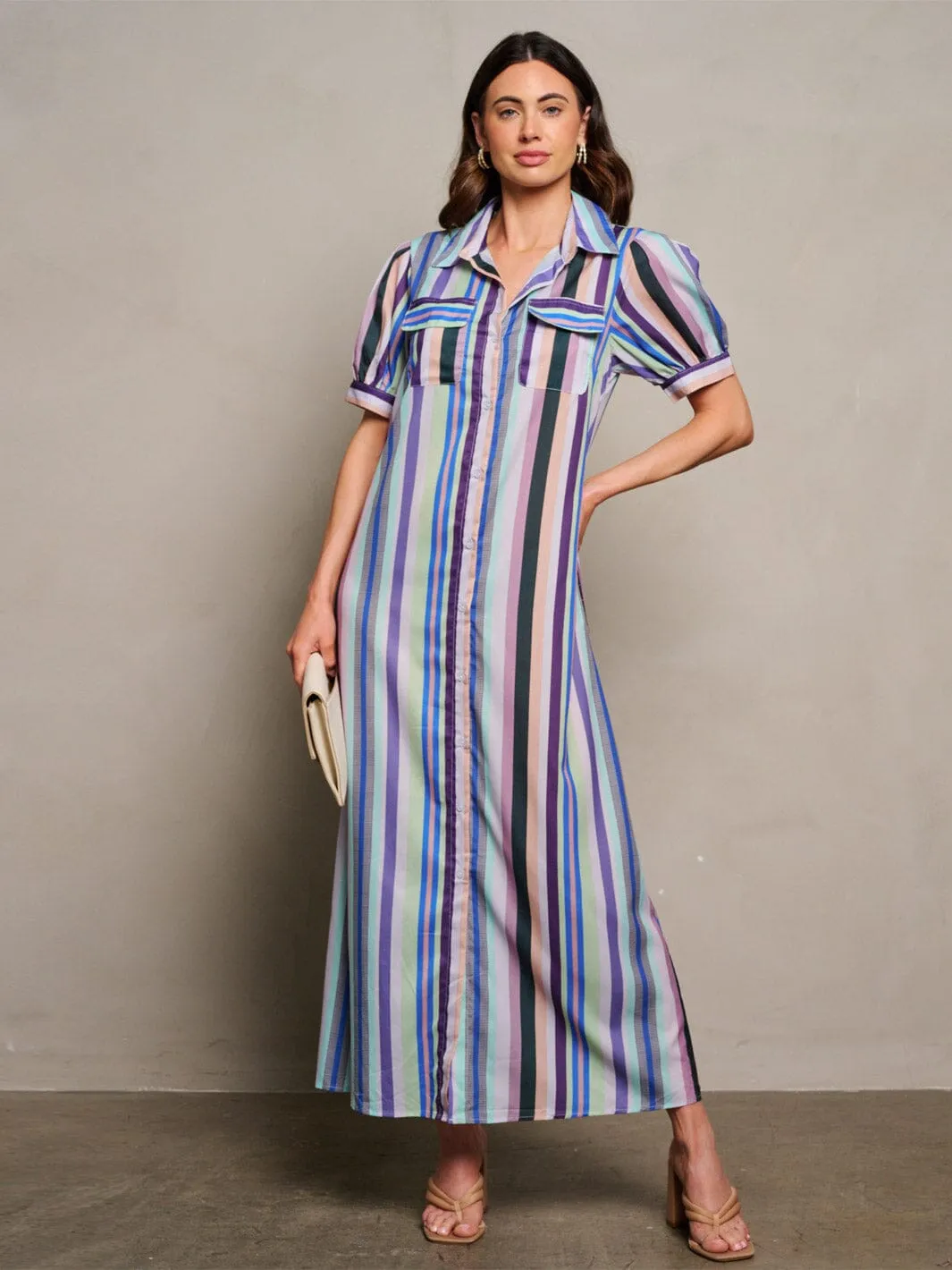 WOMEN'S SHORT SLEEVE BUTTON UP POCKETS MULTI STRIPES MAXI DRESS