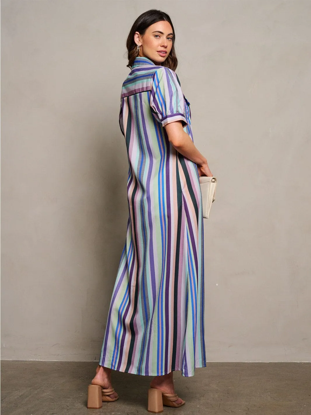 WOMEN'S SHORT SLEEVE BUTTON UP POCKETS MULTI STRIPES MAXI DRESS