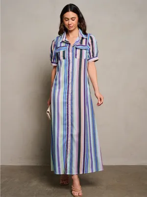 WOMEN'S SHORT SLEEVE BUTTON UP POCKETS MULTI STRIPES MAXI DRESS