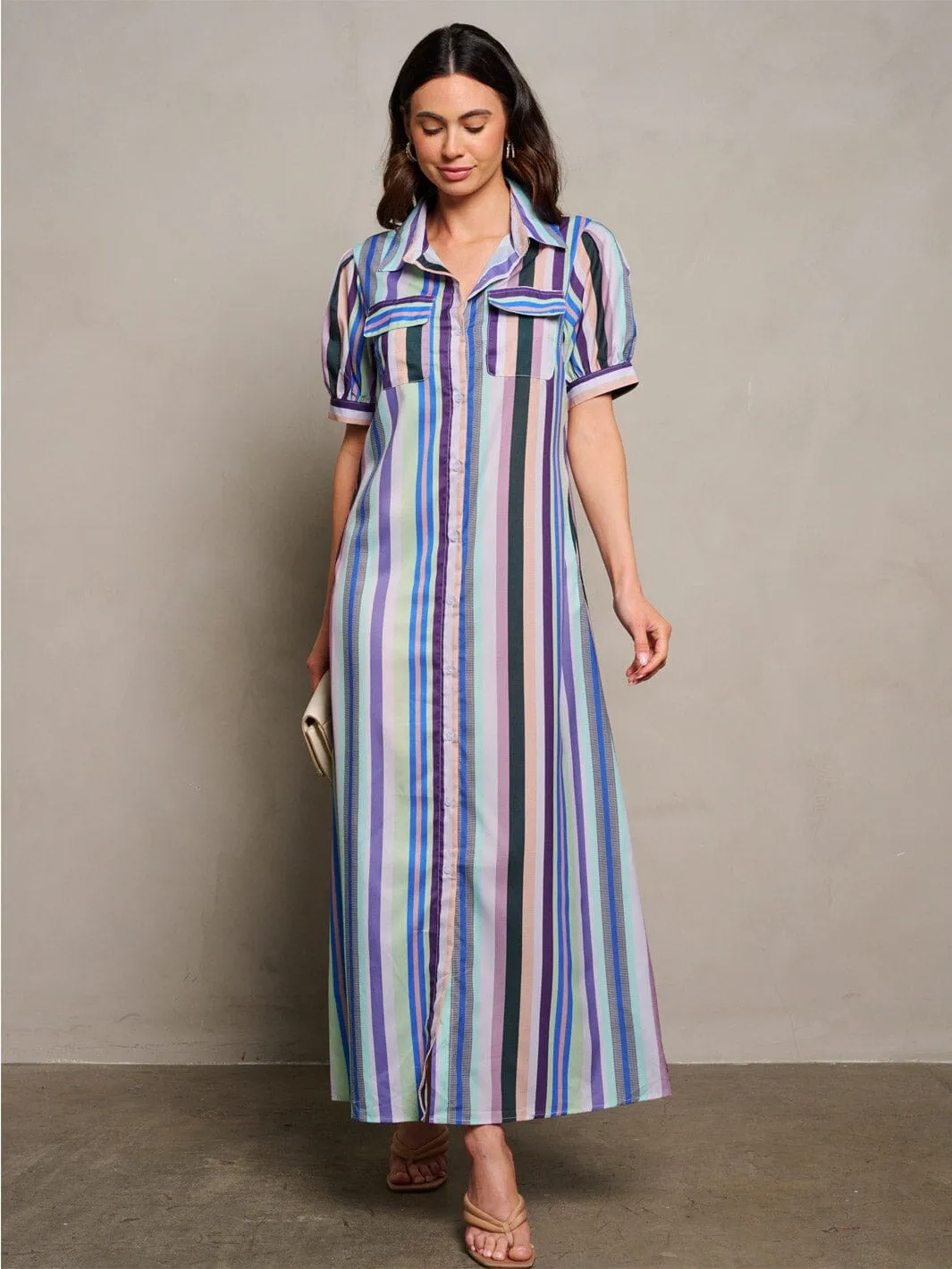 WOMEN'S SHORT SLEEVE BUTTON UP POCKETS MULTI STRIPES MAXI DRESS