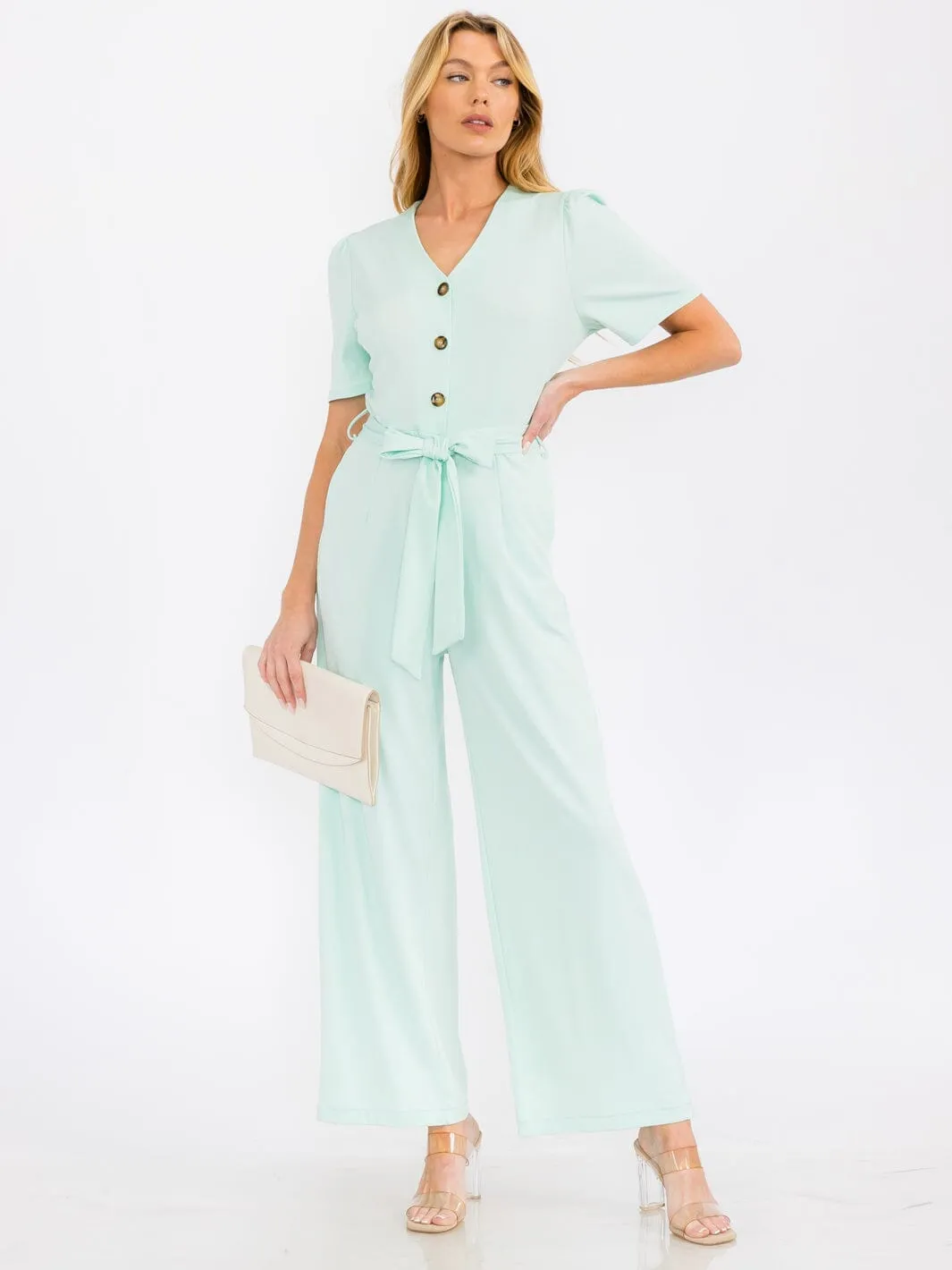 WOMEN'S SHORT SLEEVE BUTTON UP SELF TIE FRONT POCKETS WIDE LEG JUMPSUIT