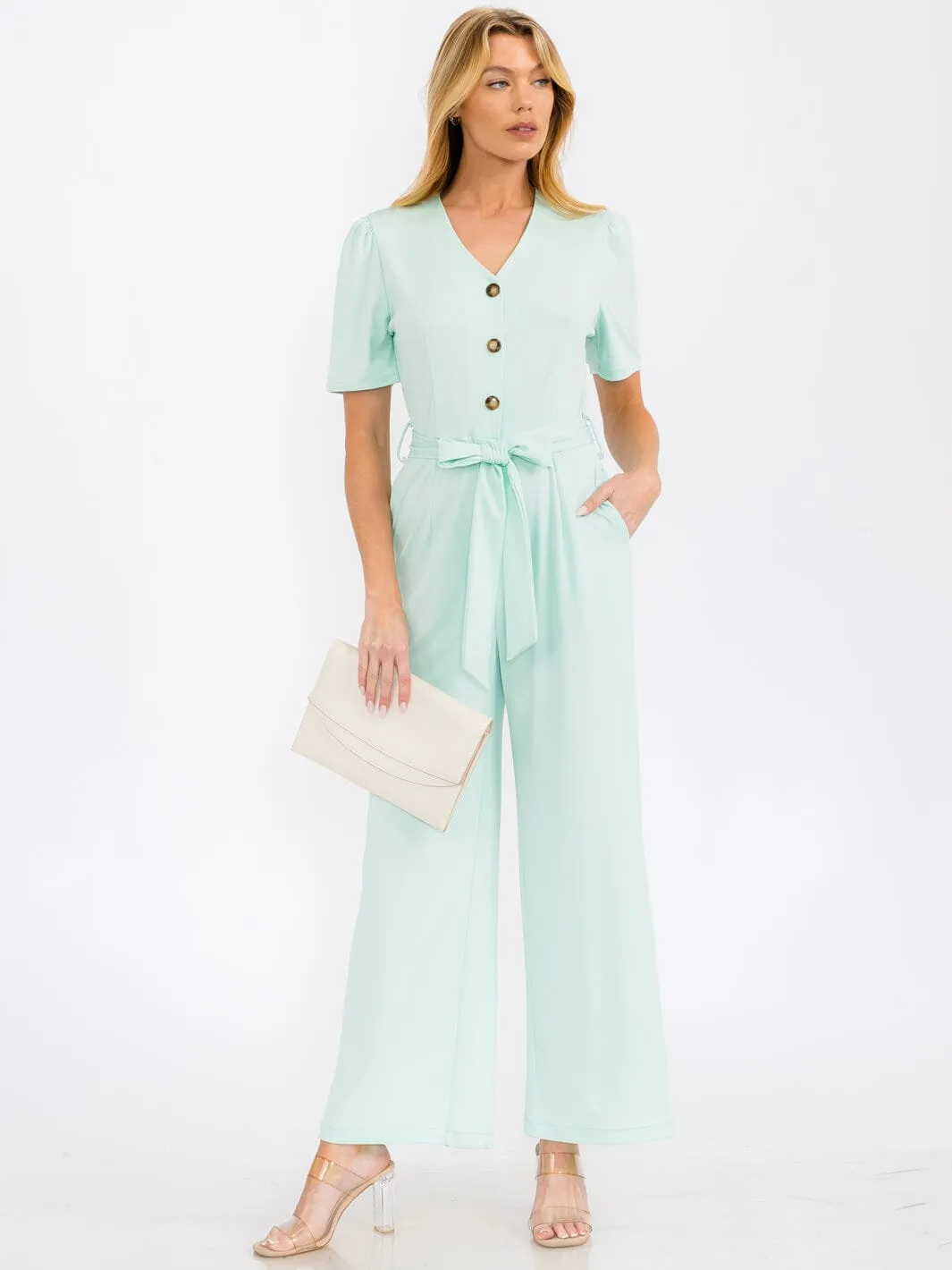 WOMEN'S SHORT SLEEVE BUTTON UP SELF TIE FRONT POCKETS WIDE LEG JUMPSUIT