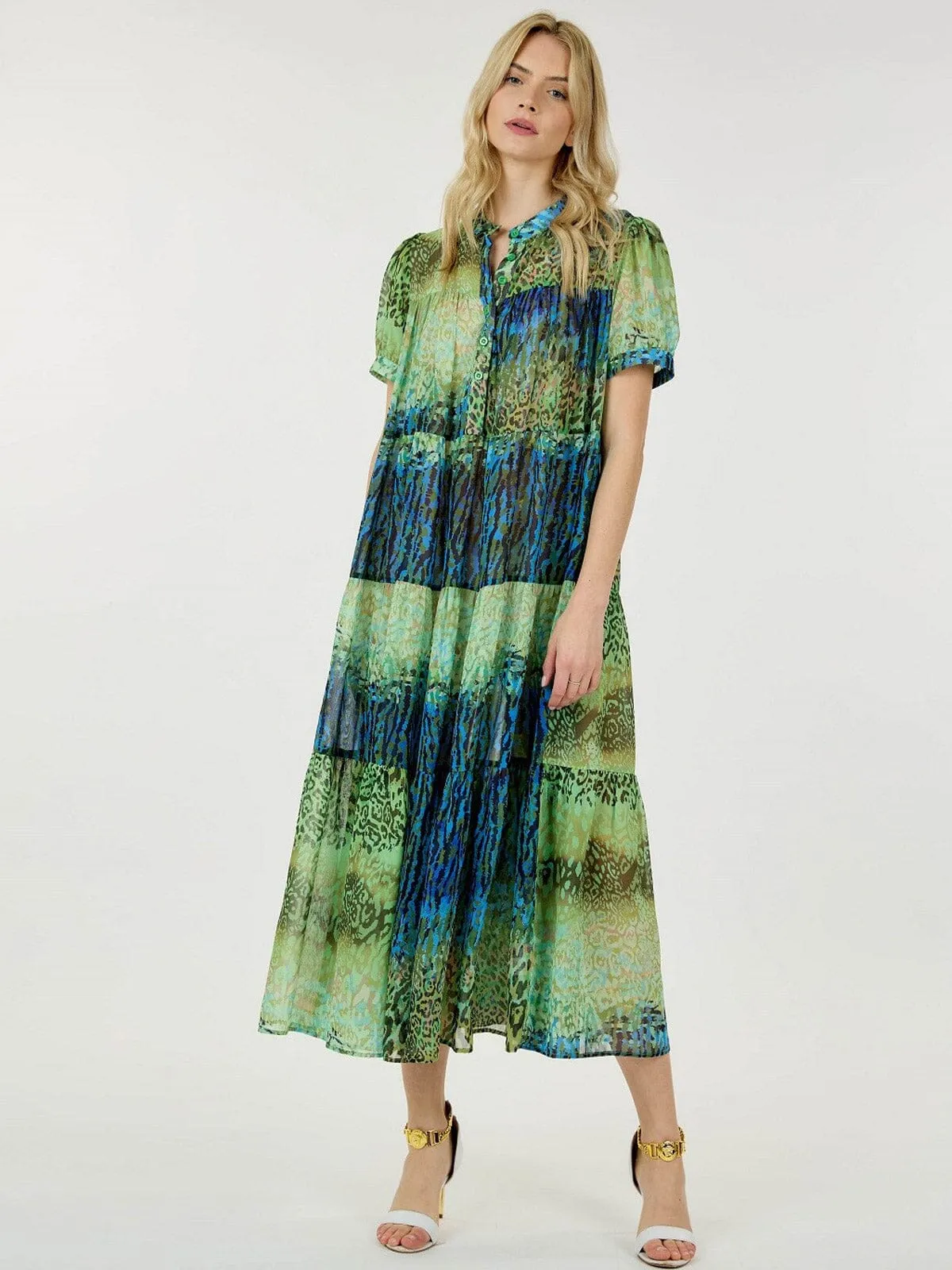 WOMEN'S SHORT SLEEVE BUTTON UP TIERED MULTI ANIMAL PRINT MAXI DRESS