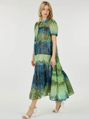 WOMEN'S SHORT SLEEVE BUTTON UP TIERED MULTI ANIMAL PRINT MAXI DRESS