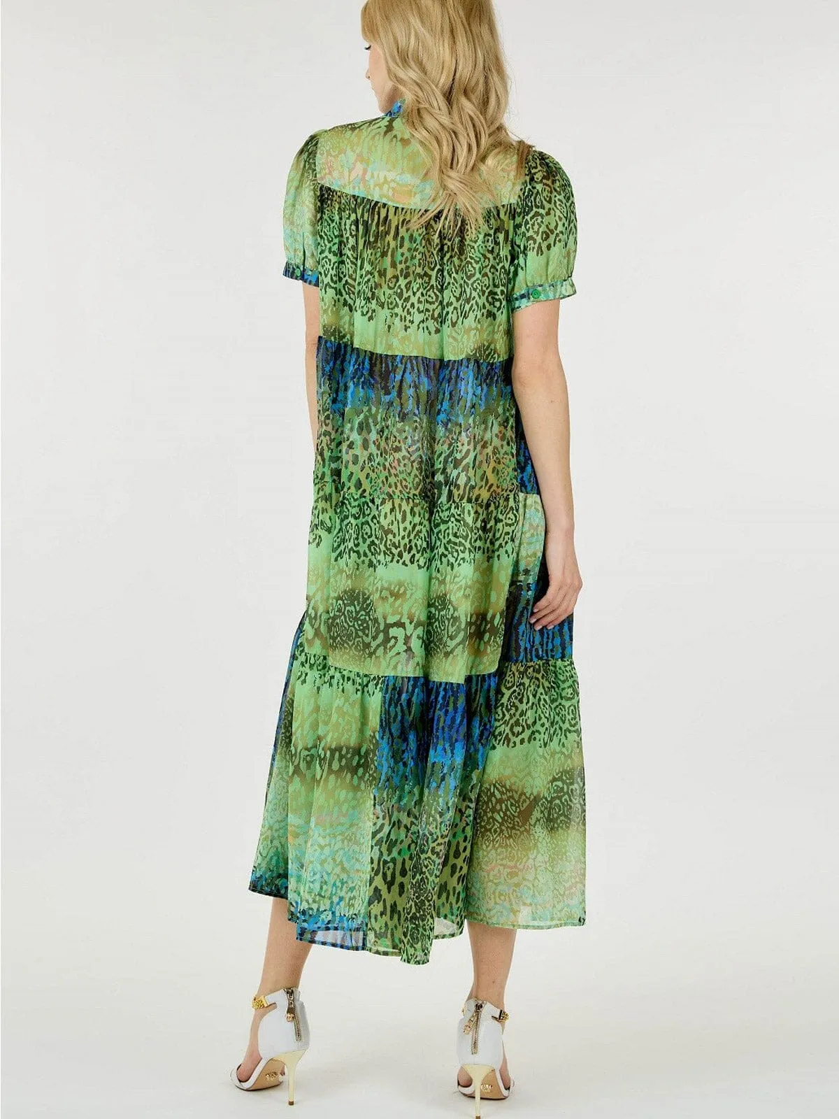 WOMEN'S SHORT SLEEVE BUTTON UP TIERED MULTI ANIMAL PRINT MAXI DRESS
