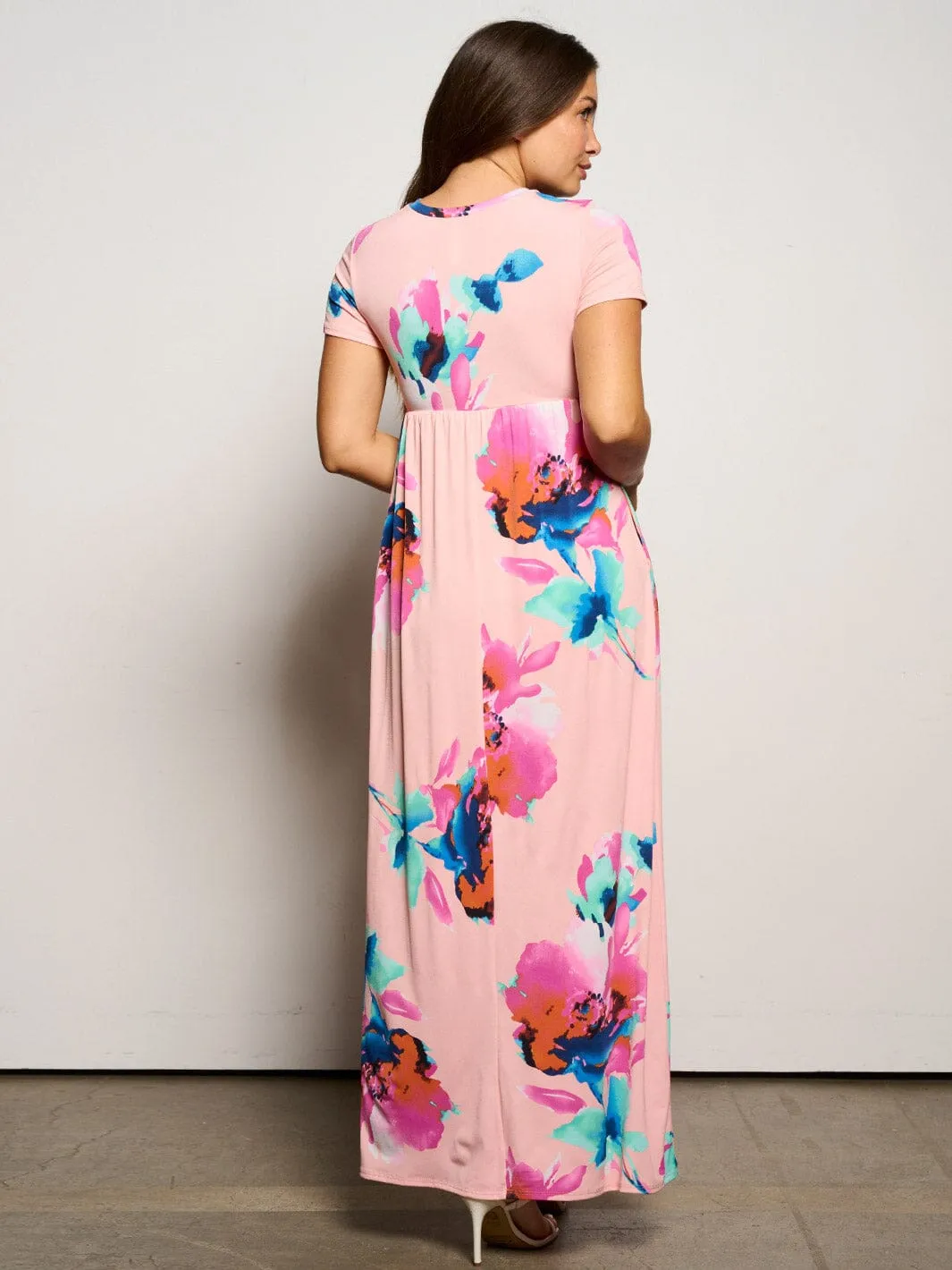 WOMEN'S SHORT SLEEVE ELASTIC WAIST POCKETS FLORAL MAXI DRESS