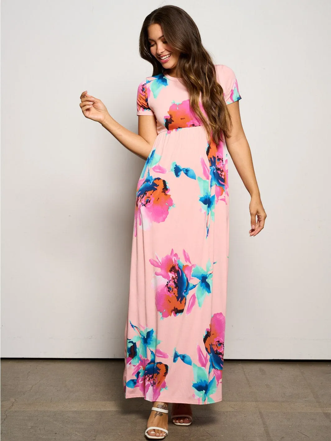 WOMEN'S SHORT SLEEVE ELASTIC WAIST POCKETS FLORAL MAXI DRESS