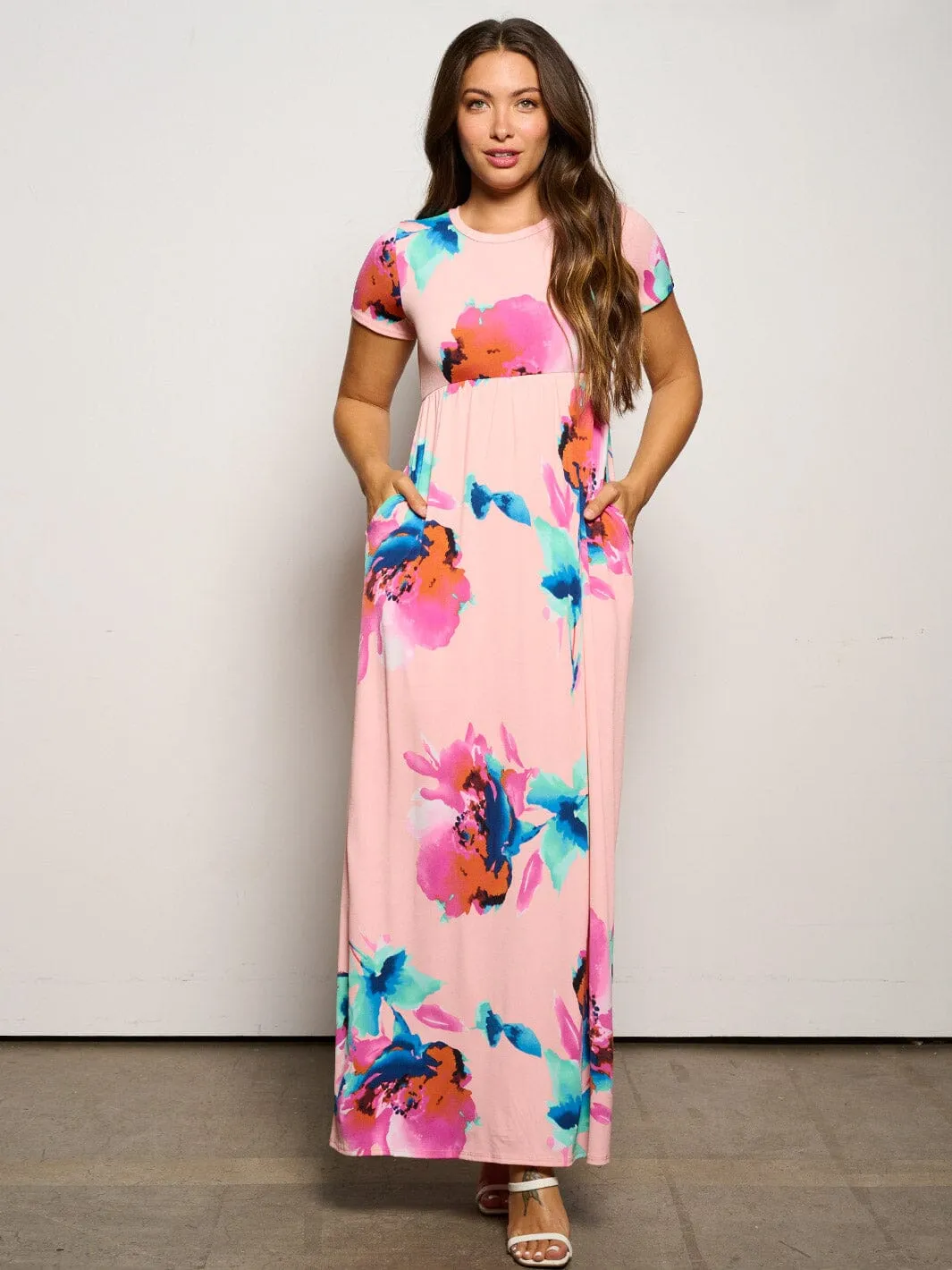 WOMEN'S SHORT SLEEVE ELASTIC WAIST POCKETS FLORAL MAXI DRESS