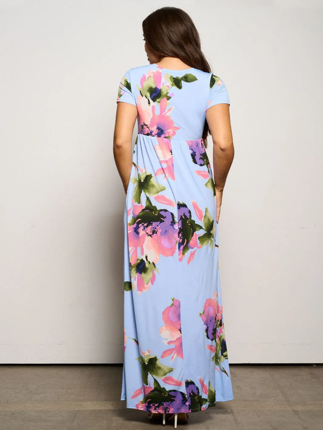 WOMEN'S SHORT SLEEVE ELASTIC WAIST POCKETS FLORAL MAXI DRESS