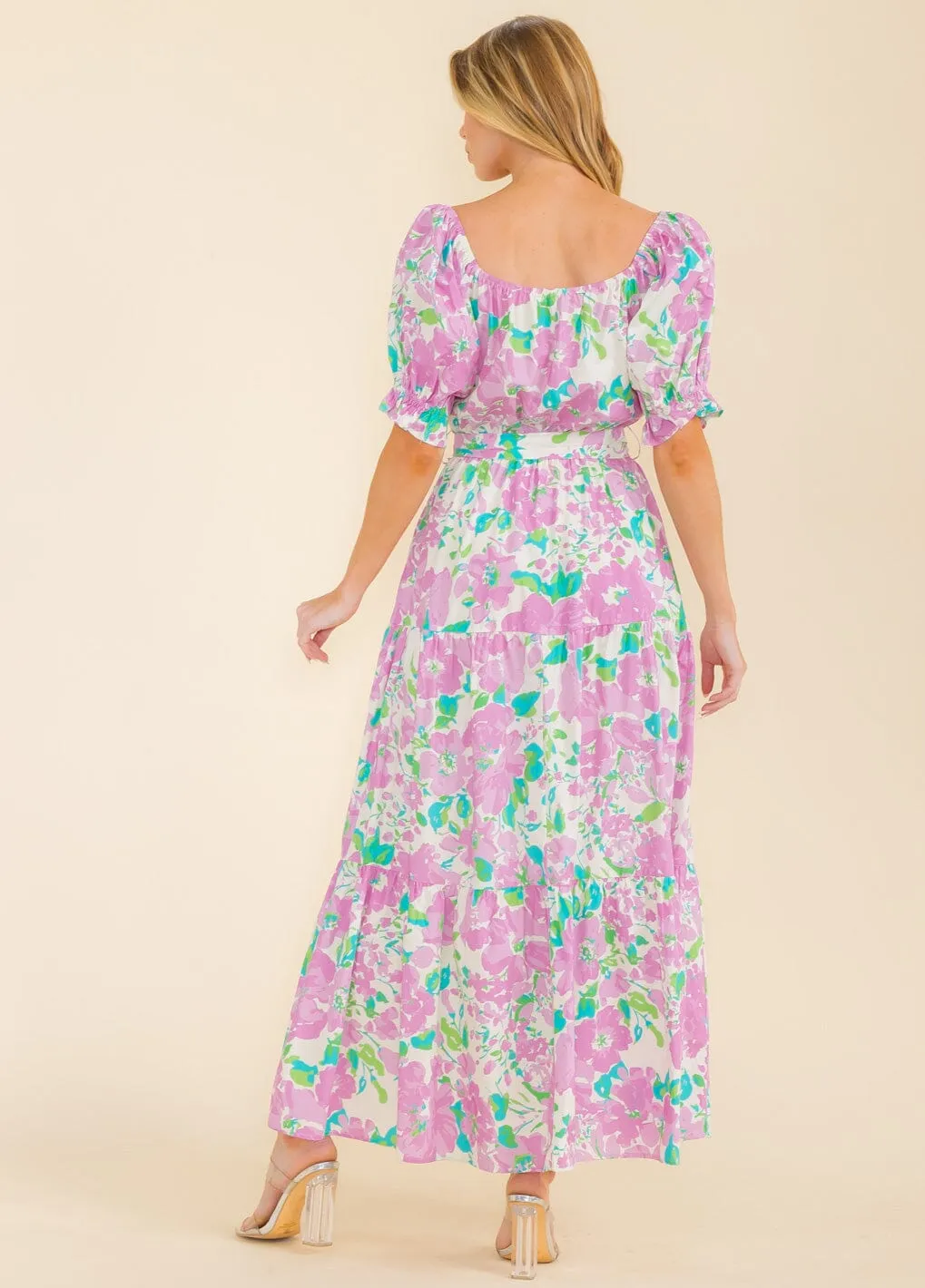 WOMEN'S SHORT SLEEVE SQUARE NECK FRONT POCKETS MULTI PRINT MAXI DRESS