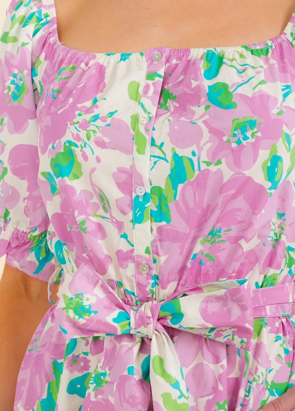 WOMEN'S SHORT SLEEVE SQUARE NECK FRONT POCKETS MULTI PRINT MAXI DRESS