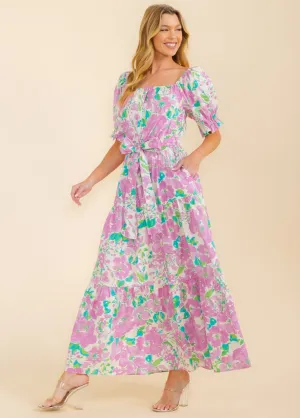 WOMEN'S SHORT SLEEVE SQUARE NECK FRONT POCKETS MULTI PRINT MAXI DRESS